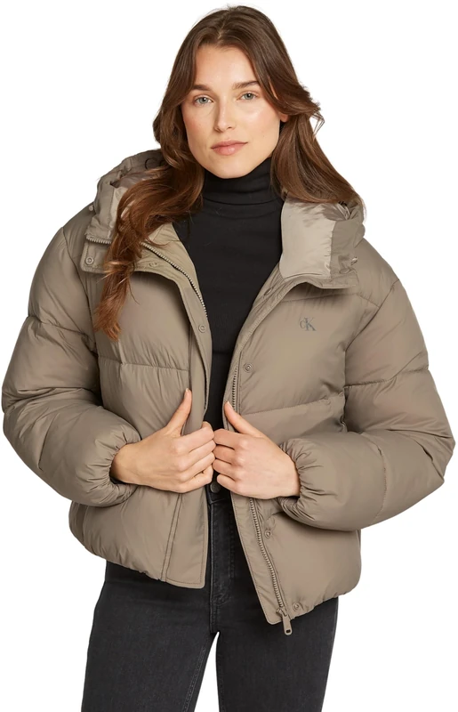 Calvin Klein Women’s Short Puffer Jacket with Hood, Beige (Brindle), L