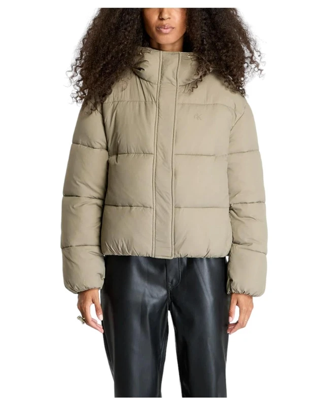 Calvin Klein Women’s Short Puffer Jacket with Hood, Beige (Brindle), XL
