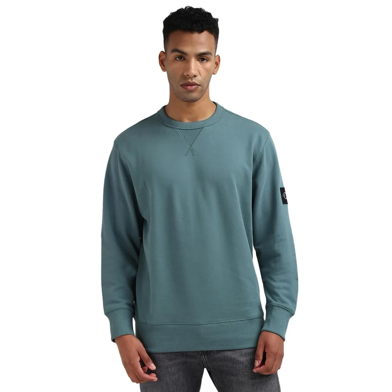 Calvin Klein Men’s Crew Neck Badge Cotton Sweatshirt, Turquoise (North Atlantic), XXS