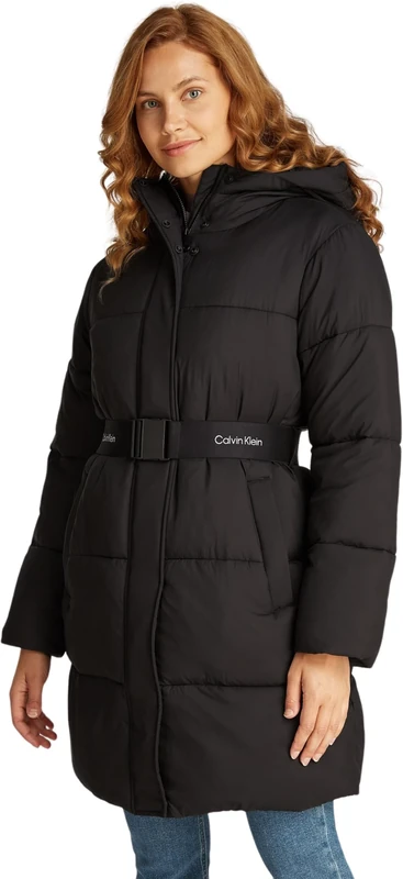 Calvin Klein Women’s Long Puffer Coat with Logo Belt, Black (Ck Black), XS
