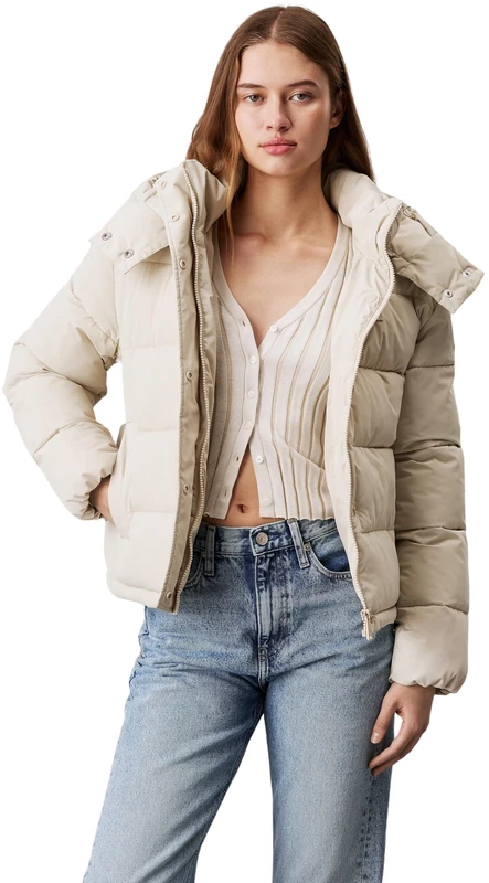 Calvin Klein Women’s Short Matte Puffer Jacket with Hood, Beige (Pelican), XXS