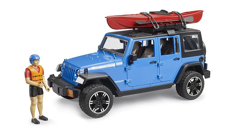 Bruder 02529 Jeep Wrangler Rubicon Unlimited with Kayak & Figure – 1:16 Scale Offroad Vehicle Toy, Compatible Accessories, Ages 4+