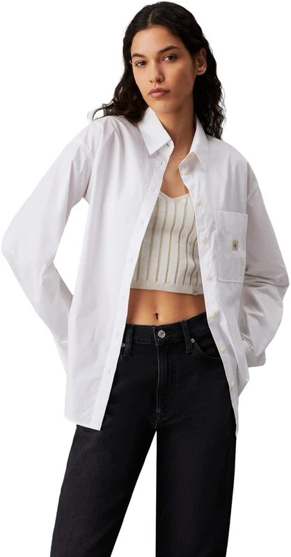 Calvin Klein Women’s Woven Label Relaxed Fit Shirt, White (Bright White), S