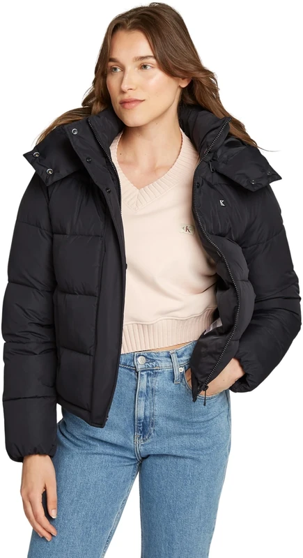 Calvin Klein Women’s Short Matte Puffer Jacket with Hood, Black (Ck Black), XXS