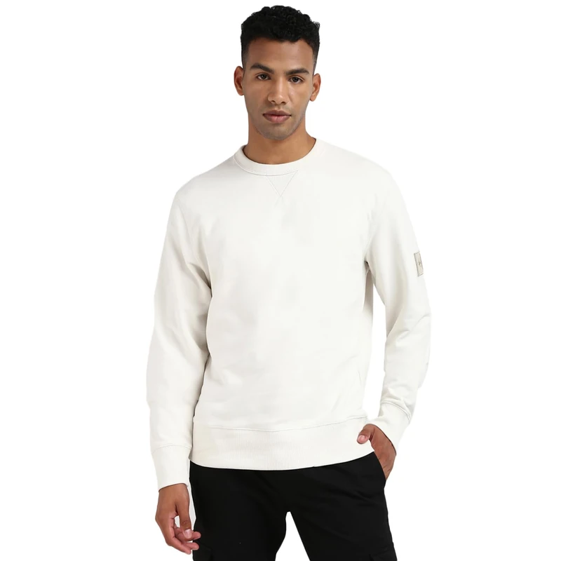 Calvin Klein Men’s Crew Neck Badge Cotton Sweatshirt, Off-White (Ivory), XXS - Image 1