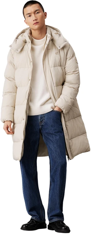 Calvin Klein Men’s Essentials Long Parka with Hood, Beige (Pelican), XL