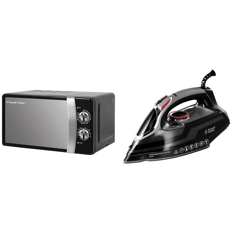 Russell Hobbs RHMM701B 17 Litre 700 W Black Solo Manual Microwave with 5 Power Levels, Ringer & Timer, Defrost Setting, Easy Clean & Powersteam Ultra 3100 W Vertical Steam Iron 20630 - Black & Grey