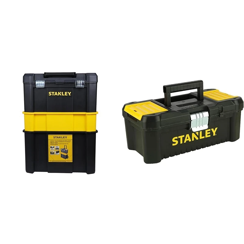 STANLEY Essential Rolling Workshop Toolbox, 3 Tier Stackable Units, STST1-80151 & STST1-75515 Low Essential Tool Box, Black/Yellow, 12.5-Inch