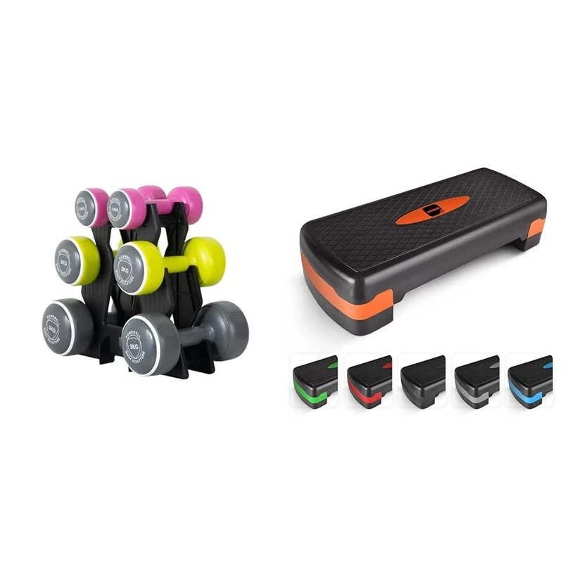 Body Sculpture BW108T Smart Dumbbell Tower | Grey/Pink/Green, 1.5KG, 3KG & 5KG Sets Included & KAYMAN Exercise Steps – Fitness Stepper for Home & Gym, Suited for Aerobics, Cardio