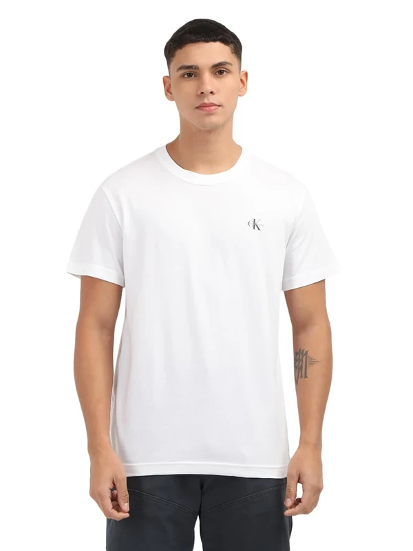 Calvin Klein Men's 2 Pack Monologo Short Sleeve Round Neck T-Shirts, White (Bright White/Bright White), XS