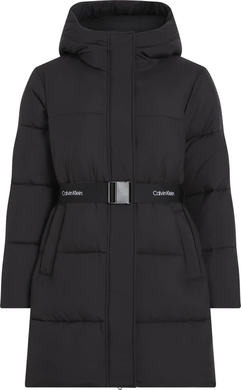 Calvin Klein Women’s Long Puffer Coat with Logo Belt, Black (Ck Black), L