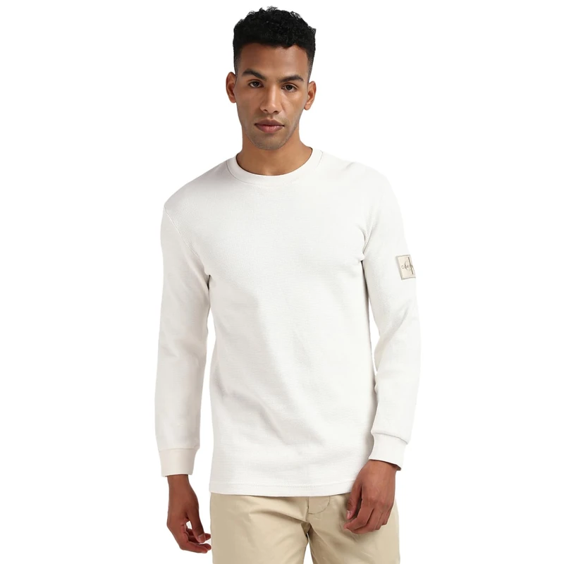 Calvin Klein Men’s Basic Badge Waffle Long Sleeve Top, Off-White (Ivory), XS
