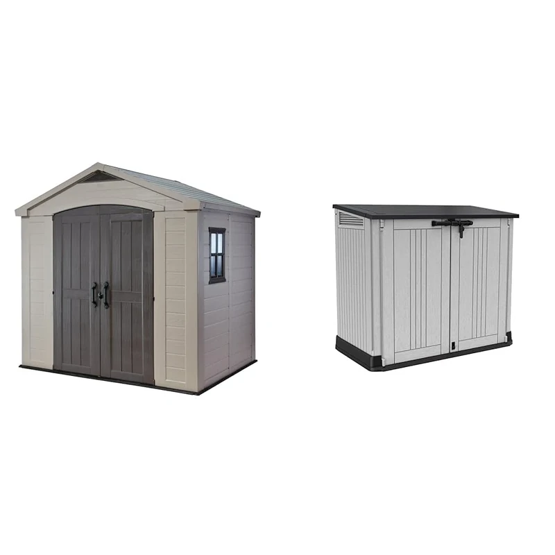 Keter Factor 8 x 6 ft Outdoor Storage Shed, Beige/Brown & Store It Out Nova Outdoor Garden Furniture Storage Shed Light Grey with Dark Grey Lid | Fade Free | All Weather Resistant