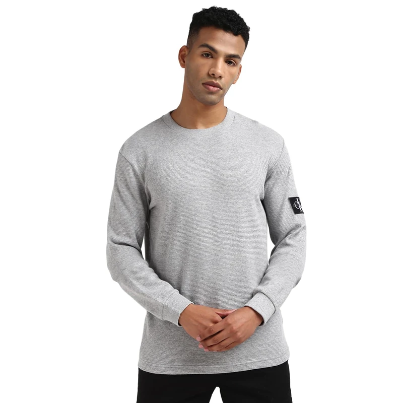 Calvin Klein Men’s Basic Badge Waffle Long Sleeve Top, Grey (Gray Heather), XS