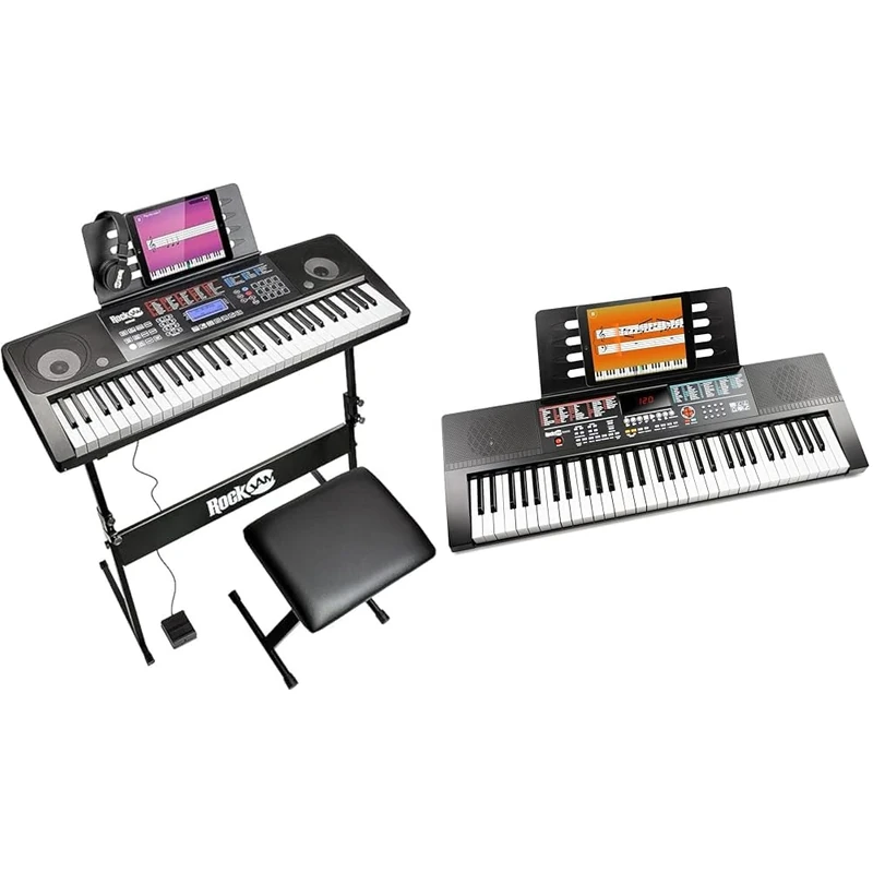 RockJam RJ761 61 Key Keyboard Piano with Keyboard Bench, Digital Piano Stool, Sustain Pedal and Headphones & 2022 61 Key Keyboard Piano