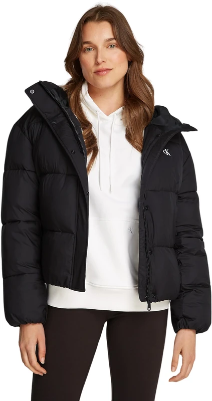 Calvin Klein Women’s Short Puffer Jacket with Hood, Black (Ck Black), L
