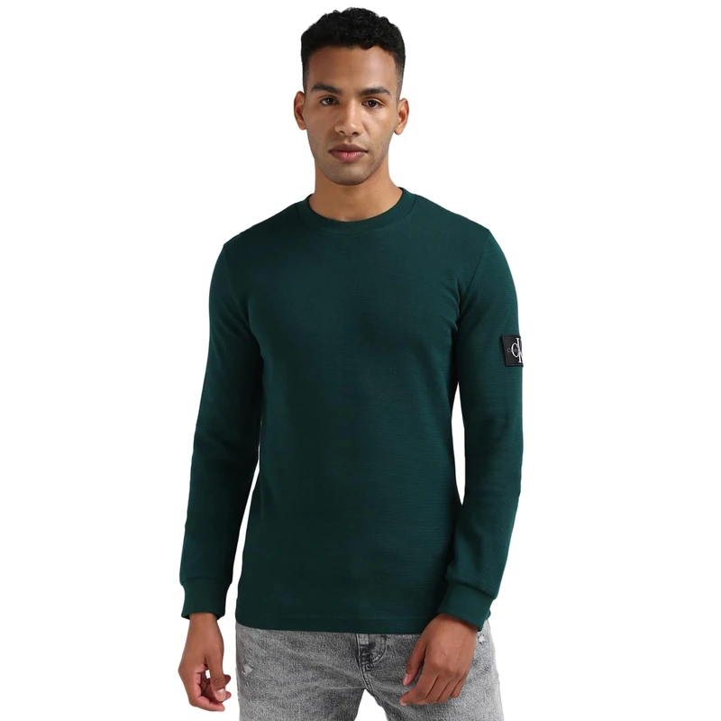 Calvin Klein Men’s Basic Badge Waffle Long Sleeve Top, Green (Ponderosa Pine), XXS