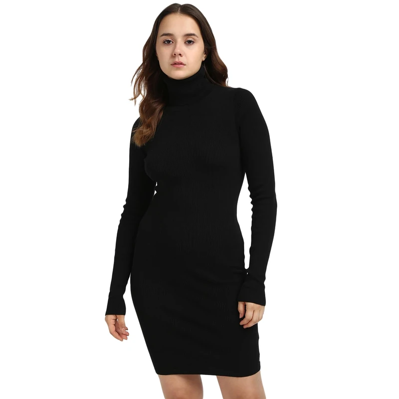 Calvin Klein Women's Woven Label Tight Jumper Dress with Roll Neck, Black (Ck Black), XXS