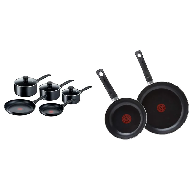 Tefal Induction Non-Stick Cookware Set, 5 Pcs - Black (G155S544) & Taste Twin Pack, Aluminium Frying Pans, Pan Set, Pans 20 cm and 28 cm Diameter, Non-Stick, Black, Pack of 2, B189S244