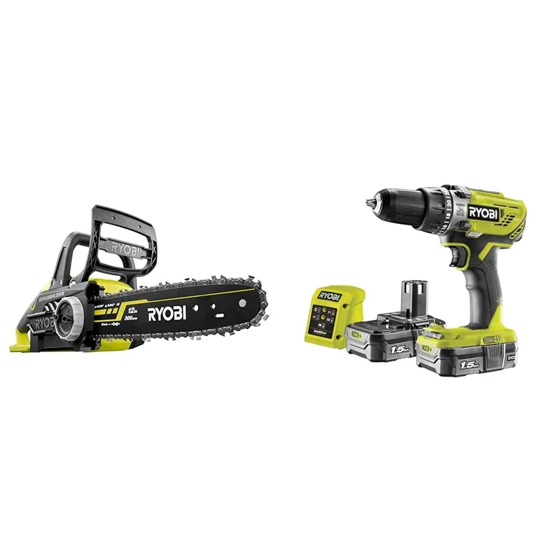 Ryobi OCS1830 18 V 30 cm Bar ONE+ Cordless Brushless Chain Saw & R18PD3-215GZ 18 V ONE+ Cordless Combi Drill Starter Kit (2 x 1.5 Ah), Hyper Green