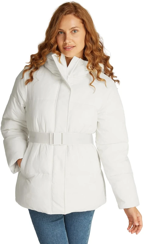 Calvin Klein Women’s Short Puffer Jacket with Logo Belt, Off-White (Ivory), M