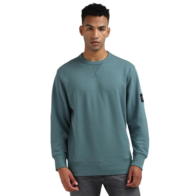 Calvin Klein Men’s Crew Neck Badge Cotton Sweatshirt, Turquoise (North Atlantic), XXL