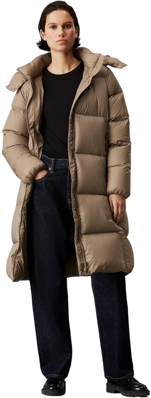 Calvin Klein Women’s Water-Repellent Long Down Puffer Coat, Beige (Brindle), XL