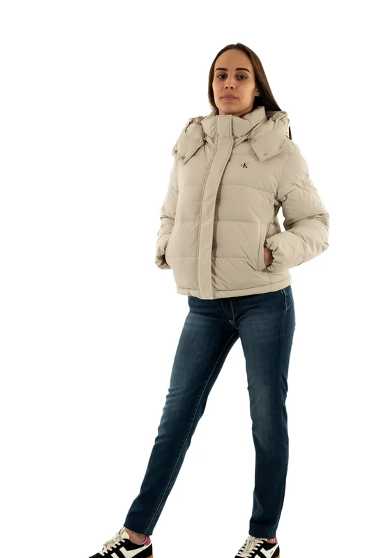 Calvin Klein Women’s Short Matte Puffer Jacket with Hood, Beige (Pelican), XL