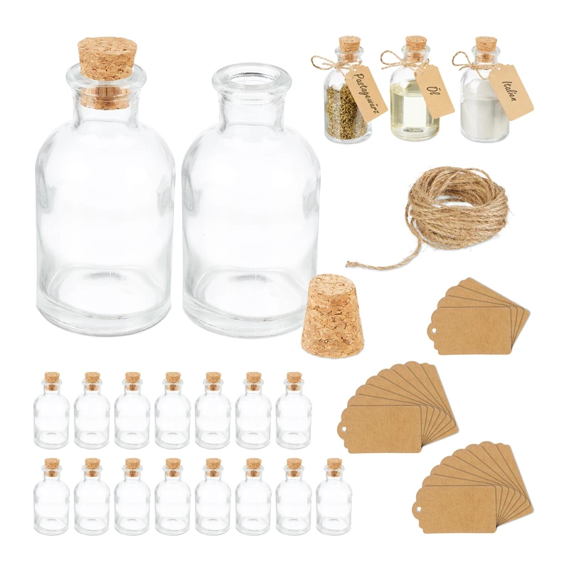 Relaxdays Decorative Bottles, Set of 20, Jars with Cork, 60 ml, for Filling, Spice Glasses, Transparent/Natural, 9 x 5 x 5 cm