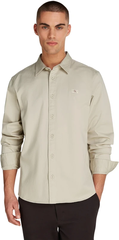 Calvin Klein Men’s Woven Label Relaxed Fit Shirt, Beige (Pelican), S