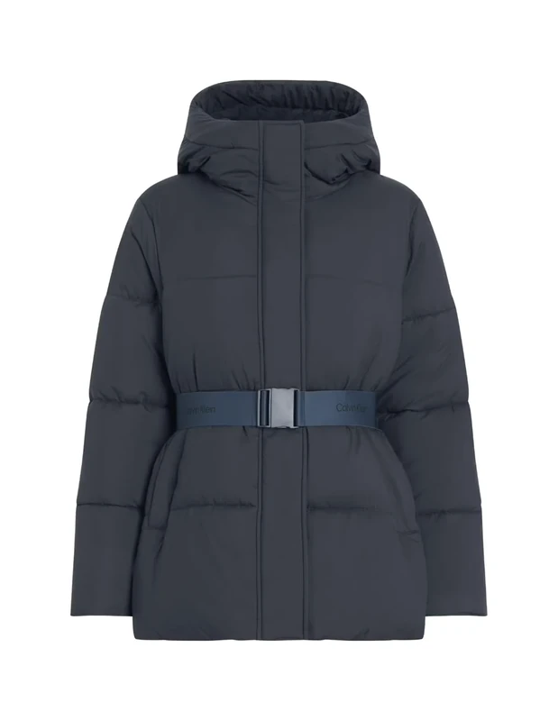 Calvin Klein Women’s Short Puffer Jacket with Logo Belt, Blue (Ink), M