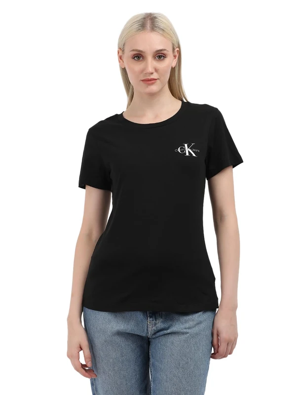 Calvin Klein Jeans Women's 2 Pack Monologo Slim Short Sleeve Round Neck T-Shirts, Multicolor (Ck Black/Ivory), XXS