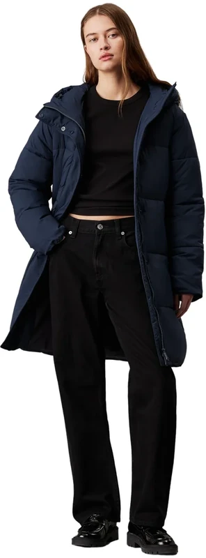 Calvin Klein Women’s Long Puffer Coat with Logo Belt, Blue (Ink), S