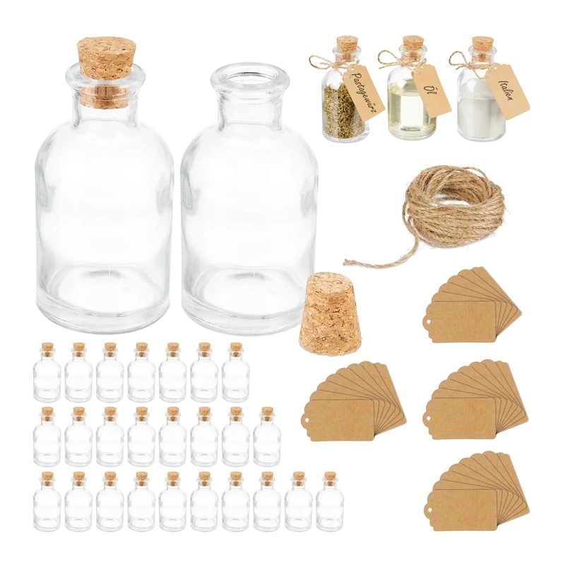 Relaxdays Decorative Bottles, Set of 30, Jars with Cork, 60 ml, for Filling, Spice Glasses, Transparent/Natural, 9 x 5 x 5 cm
