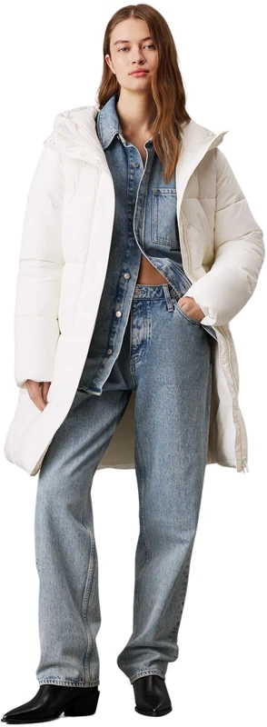Calvin Klein Women’s Long Puffer Coat with Logo Belt, Off-White (Ivory), M