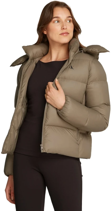 Calvin Klein Women’s Short Down Puffer Jacket with Hood, Beige (Brindle), M