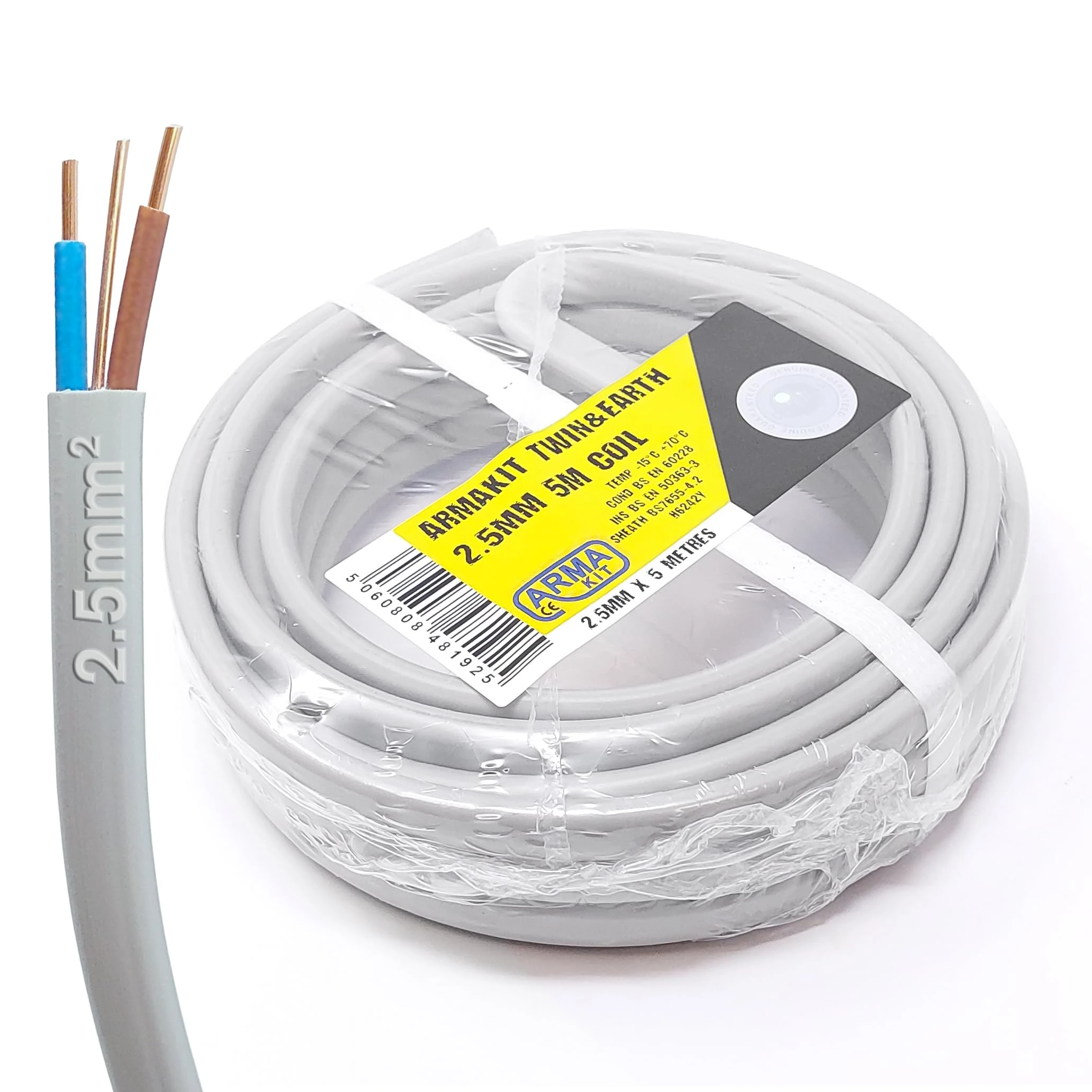 ArmaKit 2.5mm Twin and Earth Cable 5 Metre 6242Y2.5 - GREY 240v Mains Cable 3 Core Electrical cable - electrical wire electric sockets ring extension cable 5m