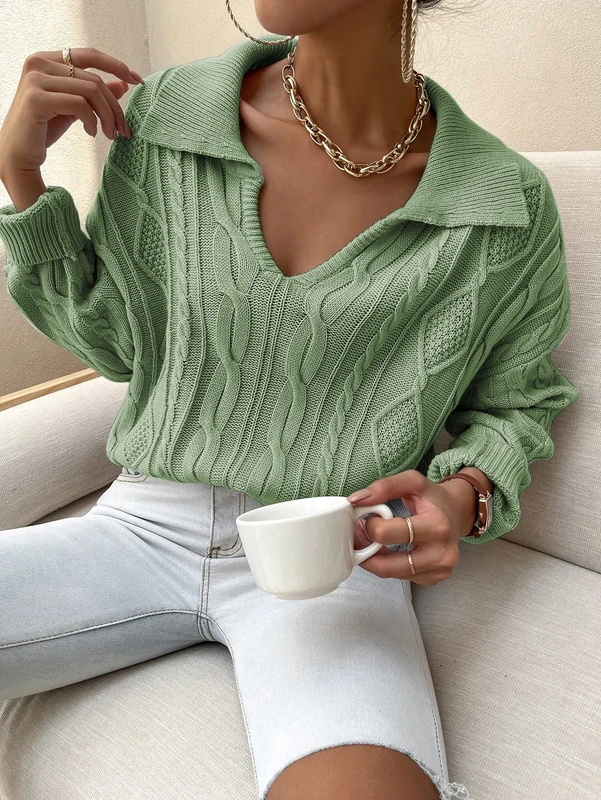 ZOMTOON Women's Sweater -Neck Collared Cable Knit Sweater Sweater for Women (Color : Mint Green, Size : Small) - Image 1