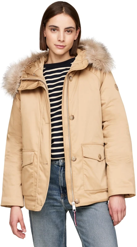 Tommy Hilfiger Women’s Padded Parka with Fur and Button Placket, Green (Classic Khaki), XXL - Image 1