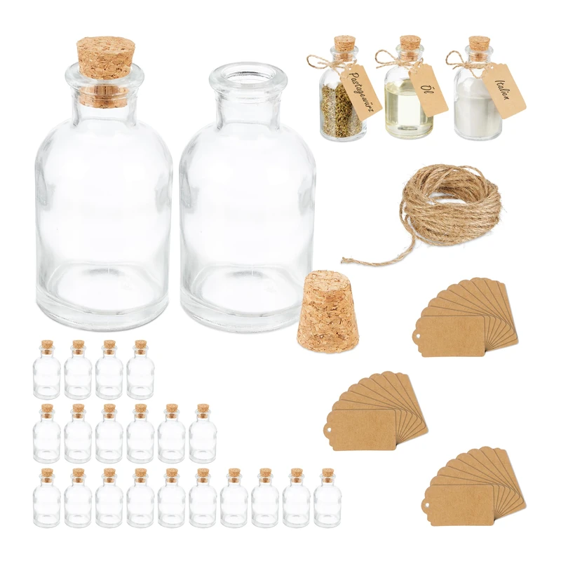 Relaxdays Decorative Bottles, Set of 25, Jars with Cork, 60 ml, for Filling, Spice Glasses, Transparent/Natural, 9 x 5 x 5 cm
