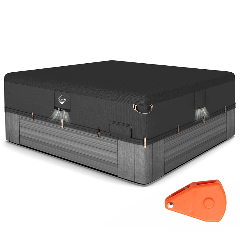 QH.HOME 85x85 Inch Square Hot Tub Cover, 600D Heavy Duty Waterproof Spa Cover, UV Resistant, Windproof, Black - Fits Up to 86 Inch Hot Tubs