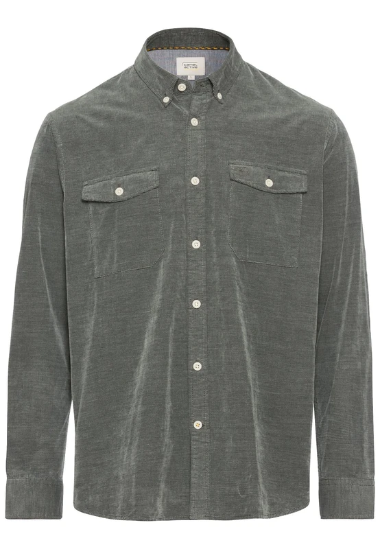 camel active Men's Long-Sleeved Shirt in Regular Fit Made of Corduro, Green, S
