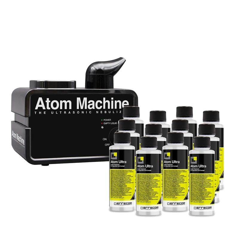ERRECOM Kit purification Environnements, Habitacles et Climatisation de Voitures, contient 1 Atom Machine, Nébuliseur à Ultrasons et 12 bouteilles de liquide purifiant Atom Ultra au Citron de 120 ml - Image 1