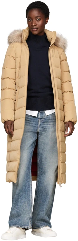 Tommy Hilfiger Women's Heritage Tyra Maxi Down Coat with Fur Trimmed Hood, Beige (Classic Khaki), XS