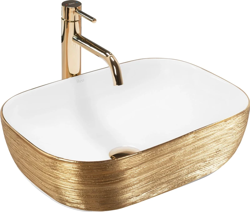 Rea Belinda White Gold Brush Bathroom Sink 33 x 46 x 13.5 cm Ceramic (White/Gold)