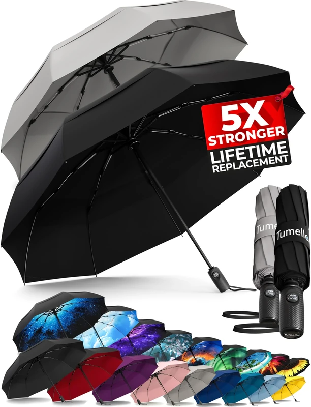 TUMELLA Strongest Windproof Travel Umbrella (Compact, Superior & Beautiful), Small Strong but Light Portable and Automatic Folding Rain Umbrella, Durable Premium Grip, Fits Car & Backpack Black Grey