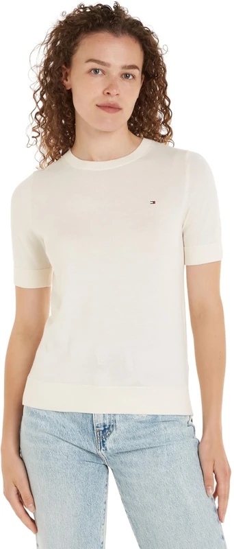 Tommy Hilfiger Women’s Short Sleeve Crew Neck Jumper, Off-White (Ivory Petal), S