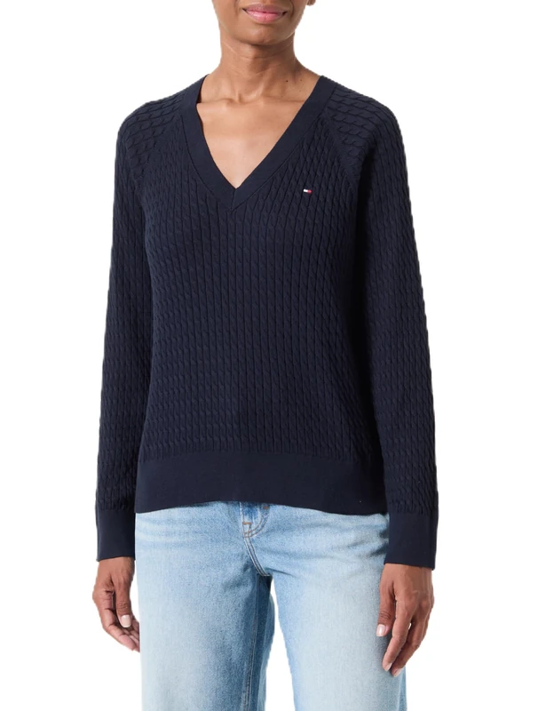Tommy Hilfiger Women’s V-Neck Cable Knit Jumper, Blue (Desert Sky), XS