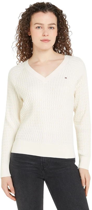 Tommy Hilfiger Women’s V-Neck Cable Knit Jumper, Off-White (Ivory Petal), XL