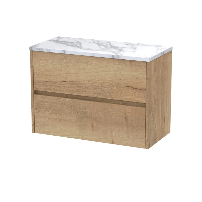 Hudson Reed HAV806LCM Havana Modern Bathroom Wall Hung 2 Soft Close Drawer Vanity Unit and Carrera Marble Laminate Worktop, 800mm, Autumn Oak